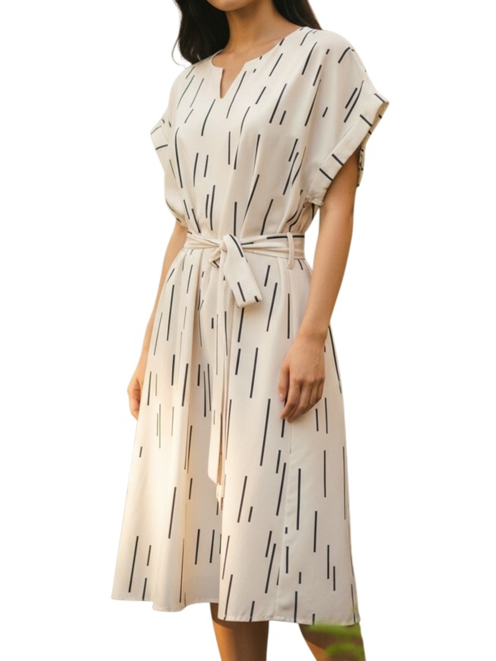 SHEIN Cream Midi Dress with Black Linear Print and Tie Waist